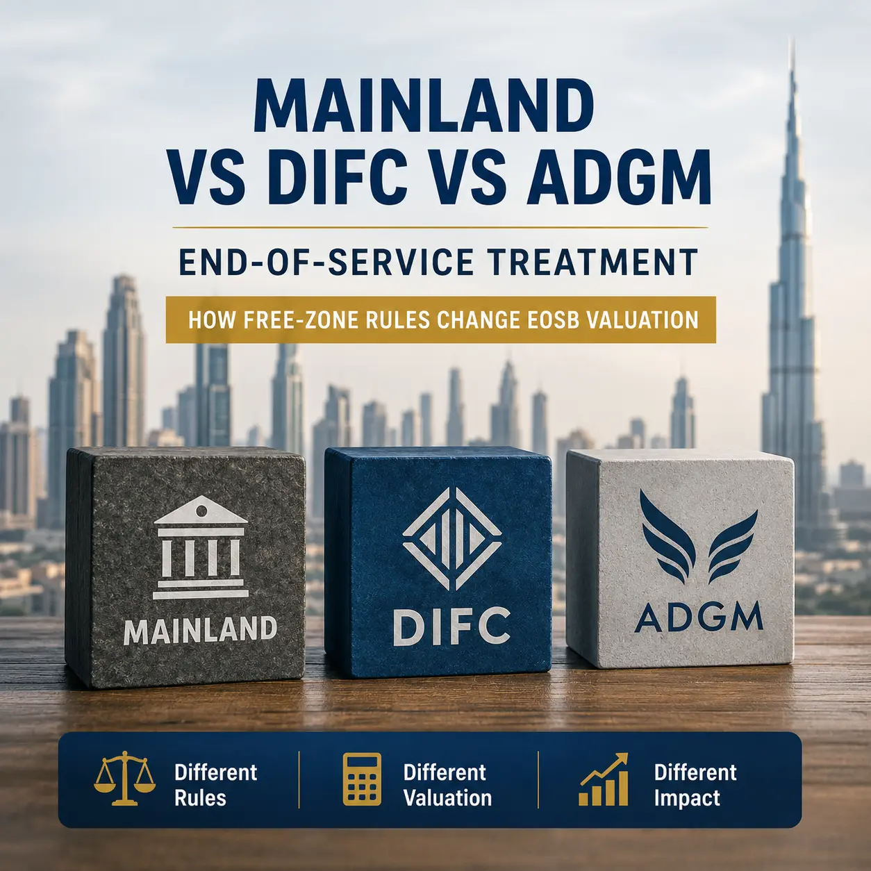 Comparison of Mainland, DIFC, and ADGM end-of-service benefit rules illustrated with corporate blocks against a Dubai skyline by an employee benefits actuarial firm in UAE.