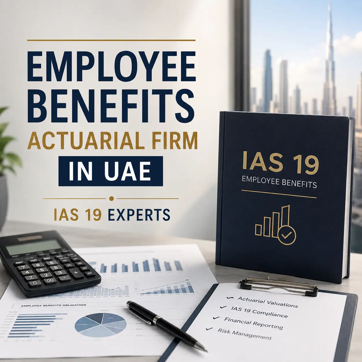 Professional office desk with IAS 19 reports, financial charts, calculator, and valuation documents representing an employee benefits actuarial firm in UAE specializing in employee benefit valuations.