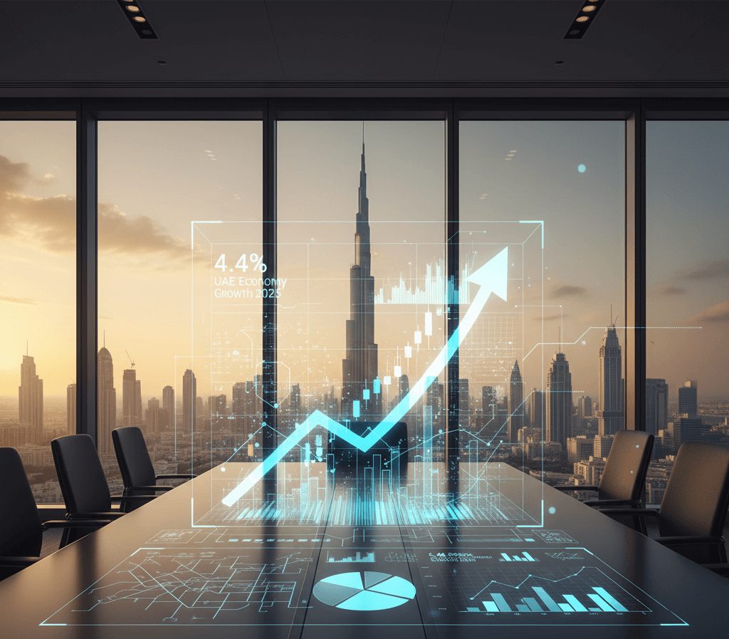 Financial Forecasts Projections in Dubai: A close-up, abstract, glowing blue digital visualization showing a steep upward arrow indicating UAE Economic Growth 2025: +4.4%.