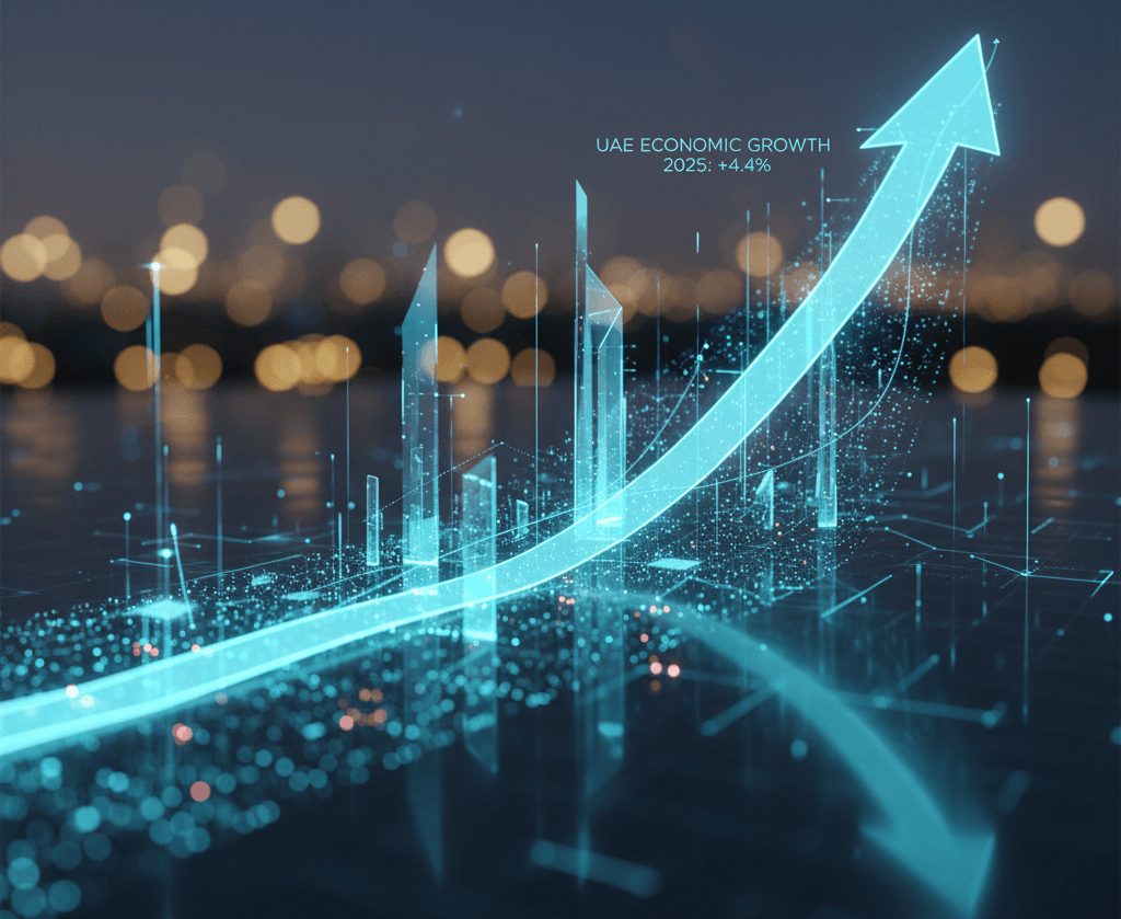 Financial Forecasts Projections in Dubai: A holographic 4.4% UAE Economy Growth 2023 chart with an upward trend arrow is projected onto a conference table, with the Burj Khalifa and the Dubai skyline visible through the window at sunset.