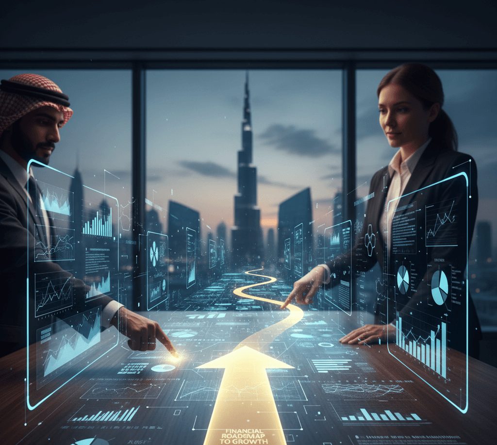 Two business professionals, a man in traditional Arabic attire and a woman in a suit, review Financial Forecasts Projections in Dubai displayed as holographic data and an upward roadmap arrow on a conference table, with the Burj Khalifa in the background.