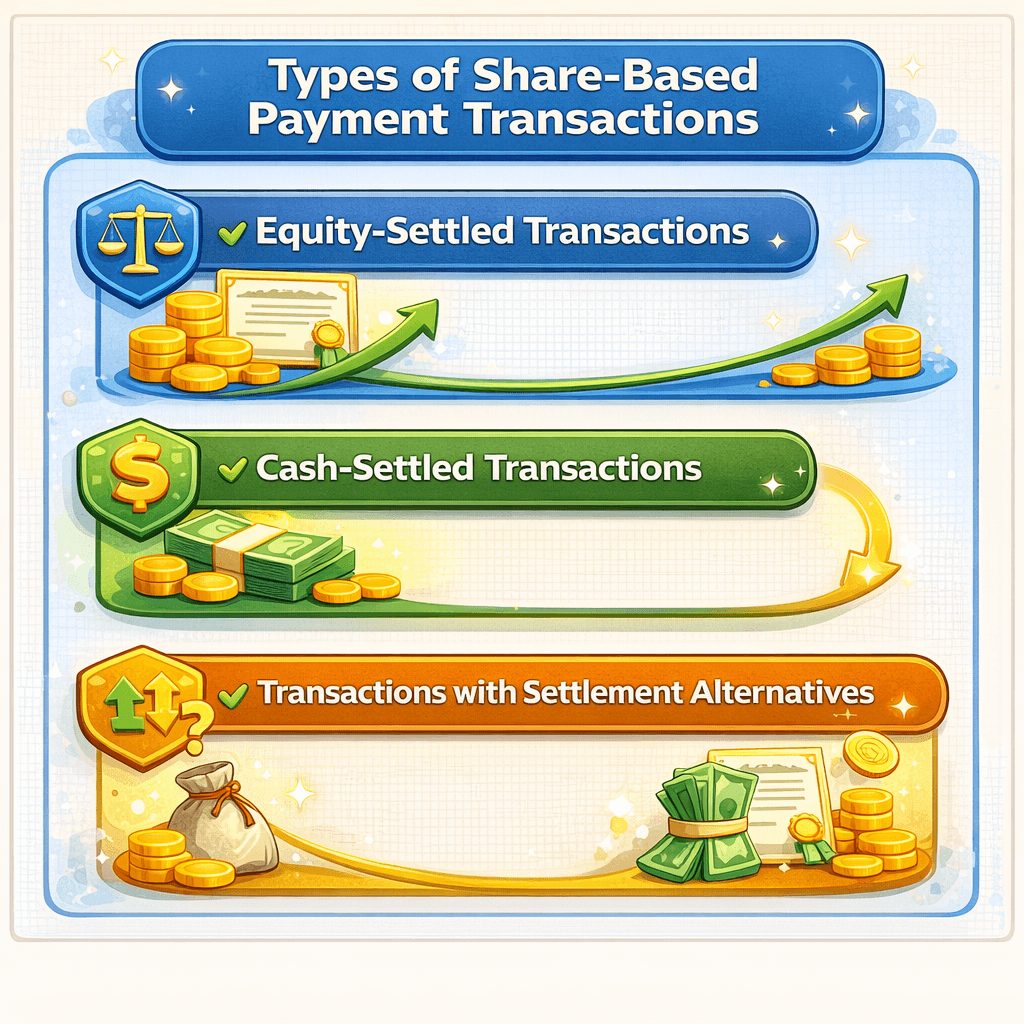 Three types of IFRS 2 share-based payment transactions including equity-settled, cash-settled, and settlement alternatives with visual icons for each category