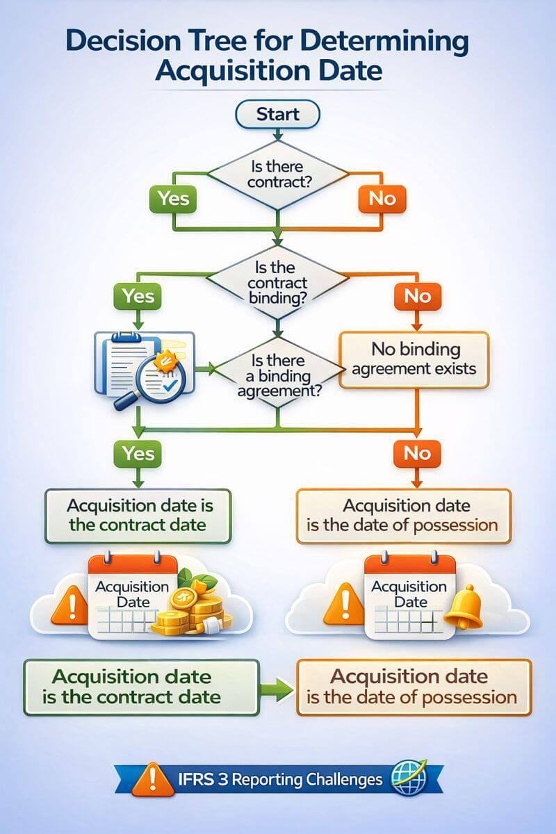 Detailed decision tree infographic explaining contract and binding agreement scenarios for acquisition date determination under IFRS 3 reporting challenges.