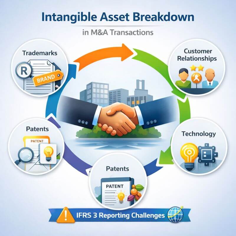 Infographic illustrating intangible asset breakdown in M&A transactions, including customer relationships, technology, brands, and other intangibles, highlighting IFRS 3 reporting challenges.