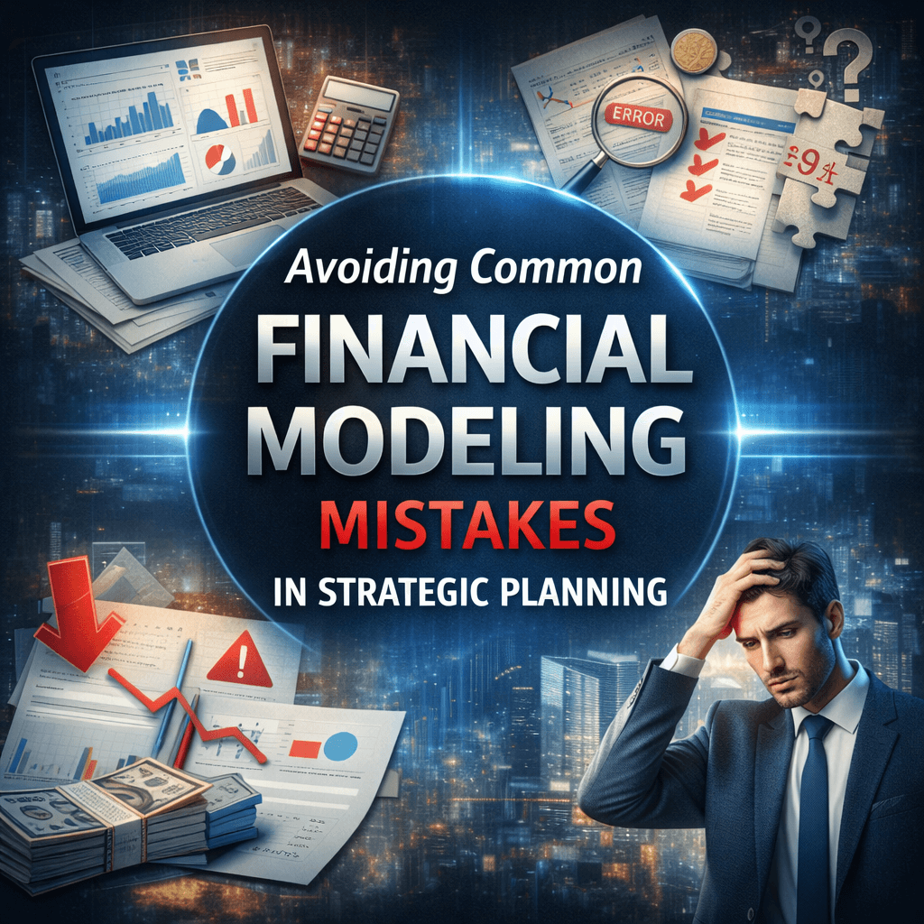 Professional infographic highlighting common financial modeling mistakes in strategic planning, showing data errors, flawed assumptions, and decision-making risks in business forecasting.