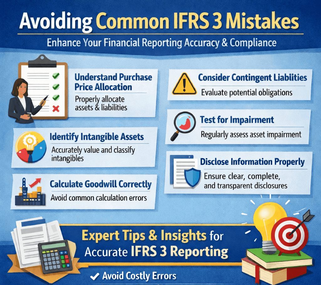 Infographic showing how to avoid common IFRS 3 mistakes, including purchase price allocation errors, intangible asset valuation, goodwill calculation, contingent liabilities, impairment testing, and disclosure compliance in business combinations.
