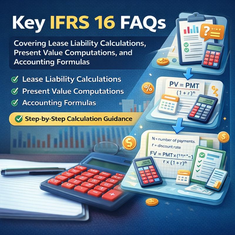 Infographic thumbnail showing IFRS 16 FAQs with step-by-step guidance on lease liability calculations, present value computation formulas, discount rates, and key accounting inputs, illustrated with calculators, charts, and finance icons.