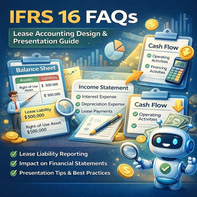 Featured infographic for IFRS 16 FAQs showing lease accounting design and presentation, including balance sheet treatment of right-of-use assets and lease liabilities, income statement impact, and cash flow classification, presented with clear visual panels and finance icons.
