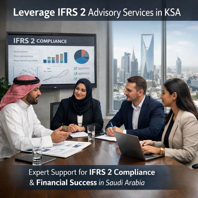 “Diverse finance professionals in a modern Saudi office discussing IFRS 2 compliance, with dashboards on share-based payments and the Riyadh skyline visible, representing IFRS 2 advisory services KSA for regulatory compliance and financial reporting support.