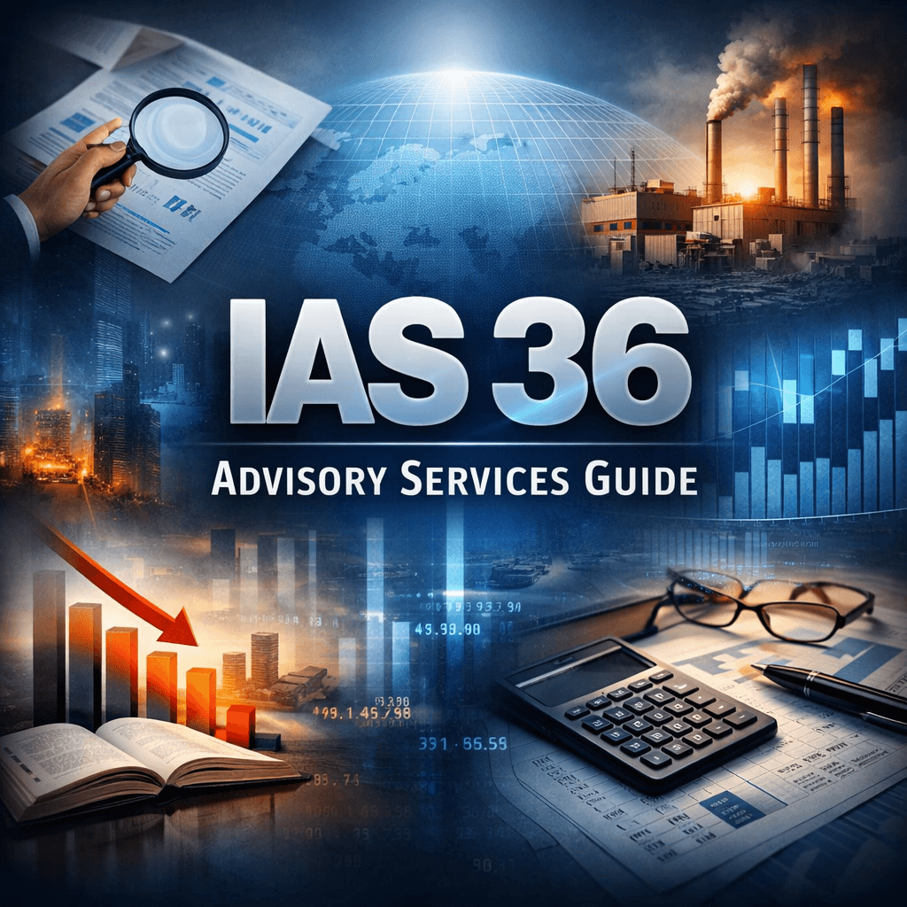 IAS 36 advisory services infographic thumbnail showing financial analysis visuals and impairment guidance theme