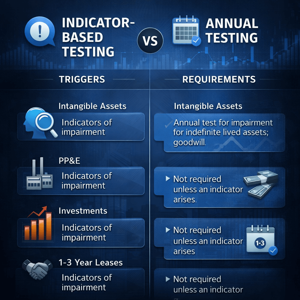 IAS 36 advisory services comparison infographic showing indicator-based testing versus annual impairment testing requirements