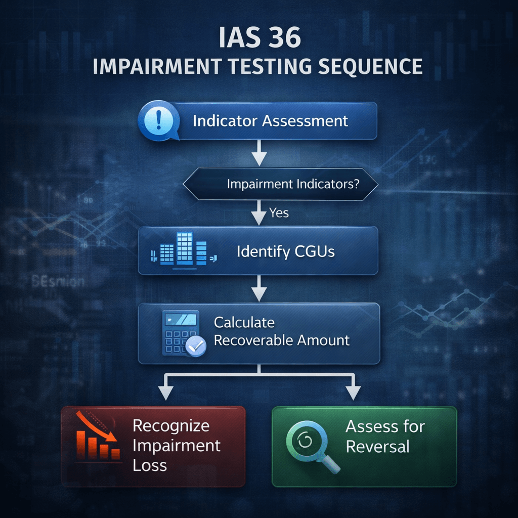 IAS 36 advisory services flowchart illustrating impairment testing sequence and decision steps