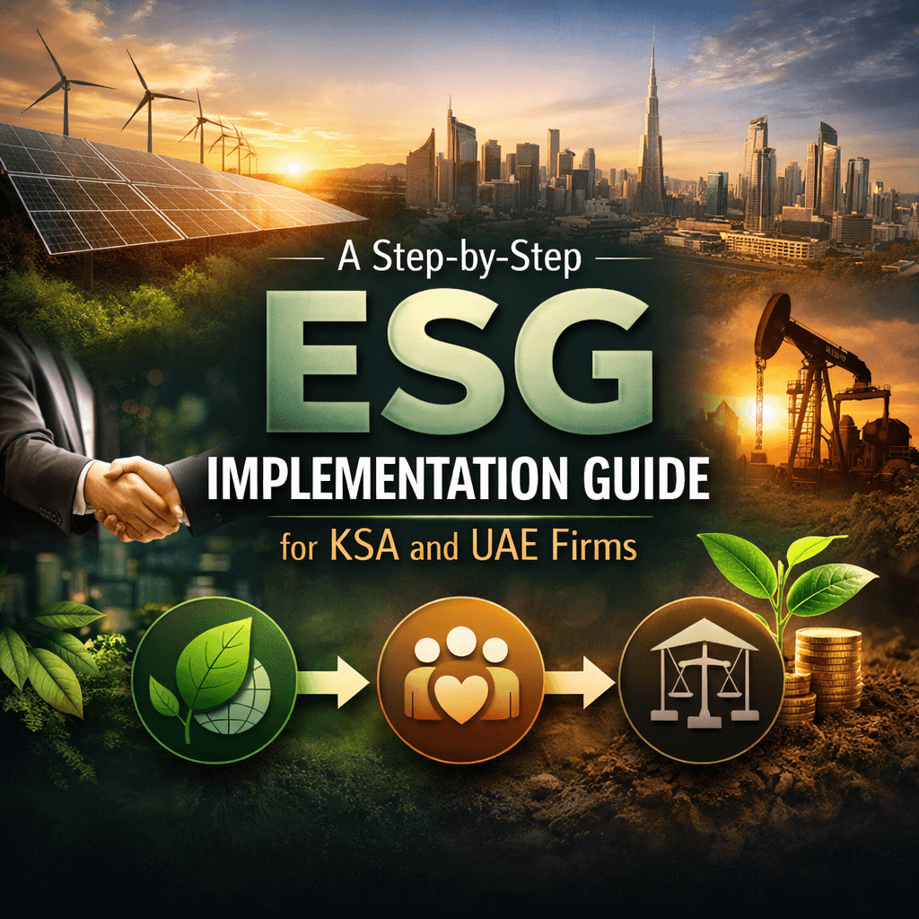 Professional infographic showcasing a step-by-step ESG implementation guide for KSA and UAE firms, highlighting sustainability, governance, and social responsibility with solar panels, handshake, and ESG icons.
