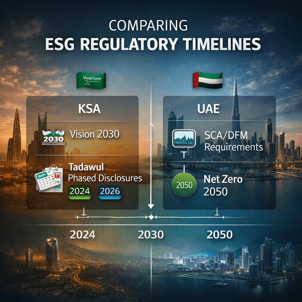 Infographic comparing ESG regulatory timelines in KSA and UAE, featuring Vision 2030, Tadawul phased disclosures 2024–2026, SCA/DFM requirements, and Net Zero 2050 in a clean side-by-side format, part of an ESG implementation guide.