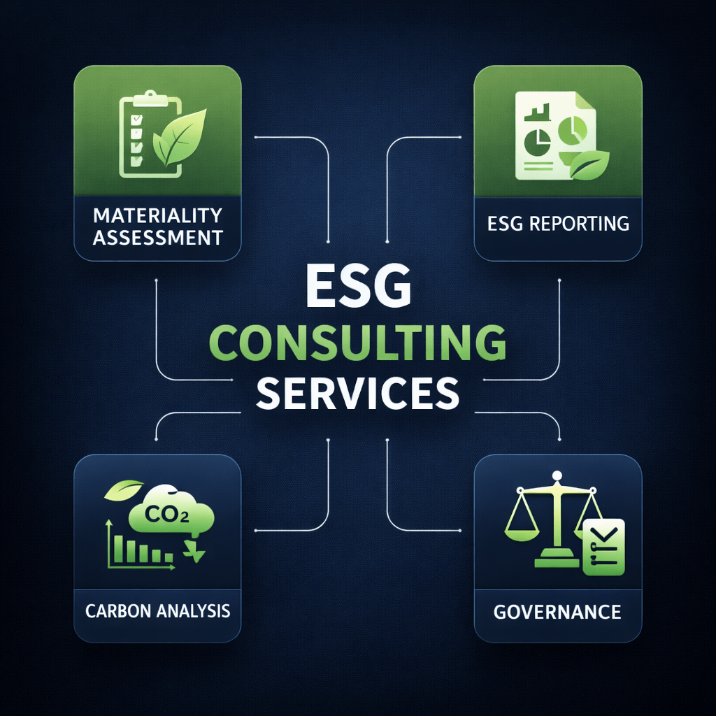 Clean icon-based esg consulting infographic showing four core services: Materiality Assessment, ESG Reporting, Carbon Analysis, and Governance in green and navy corporate design.