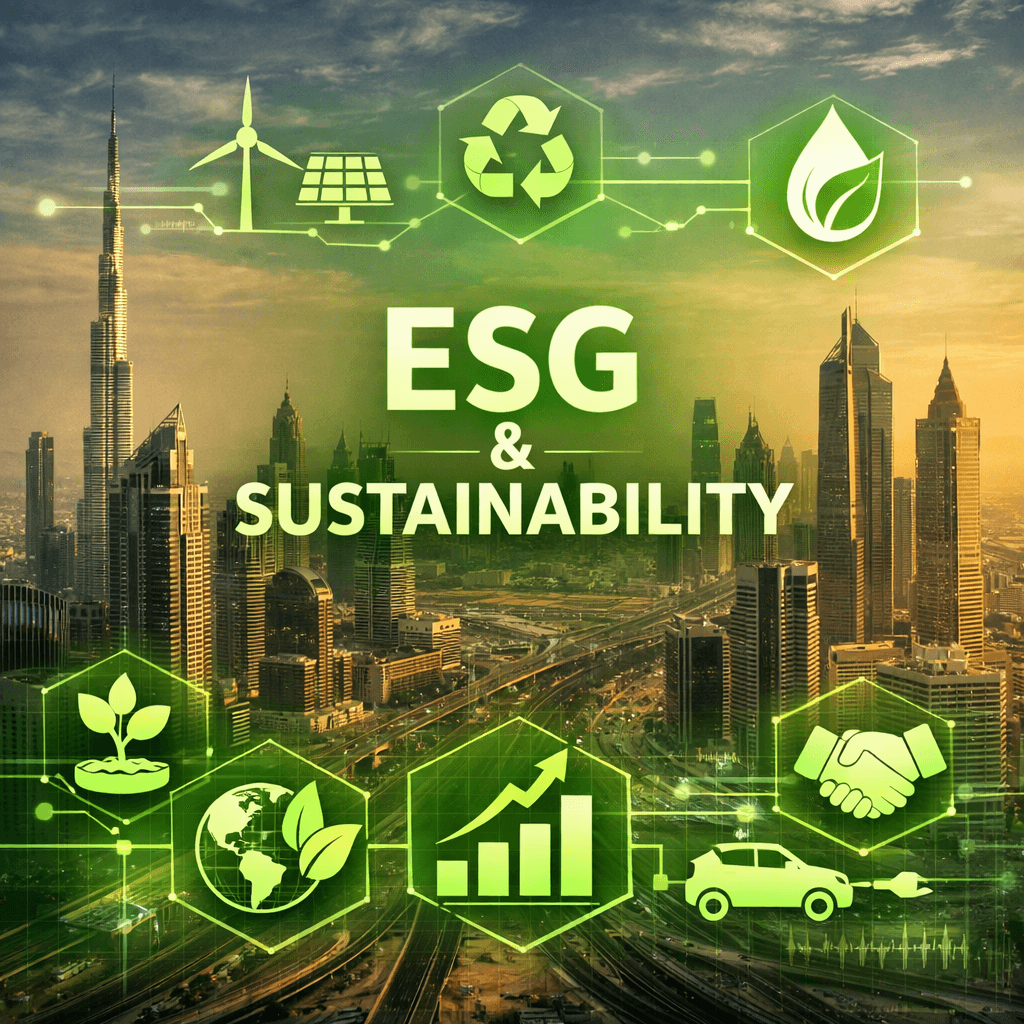 Aerial view of Dubai skyline with green sustainability icons overlay representing ESG initiatives by leading esg consulting firms in the Middle East