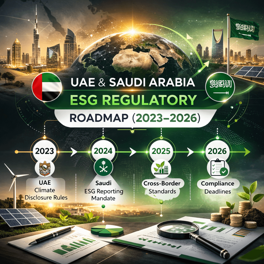Infographic timeline of UAE and Saudi Arabia ESG regulations from 2023 to 2026 highlighting milestones relevant to esg consulting firms