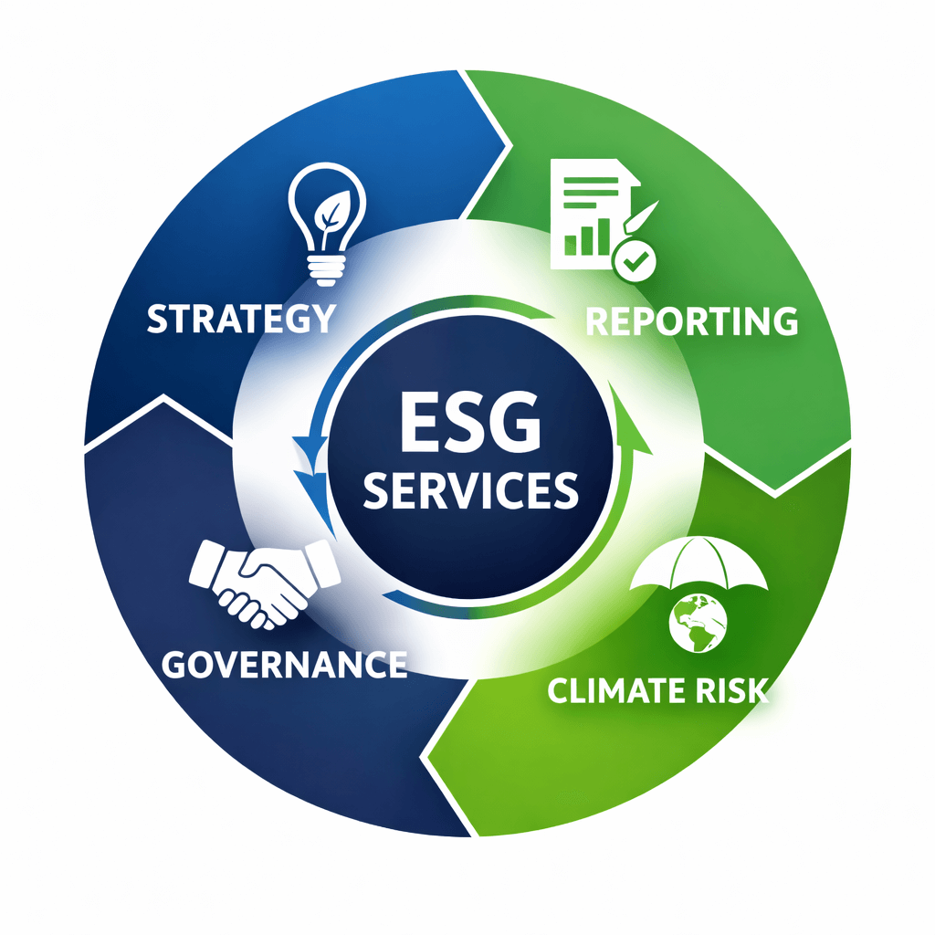 Circular diagram showing ESG services including strategy, reporting, climate risk, and governance offered by esg consulting firms