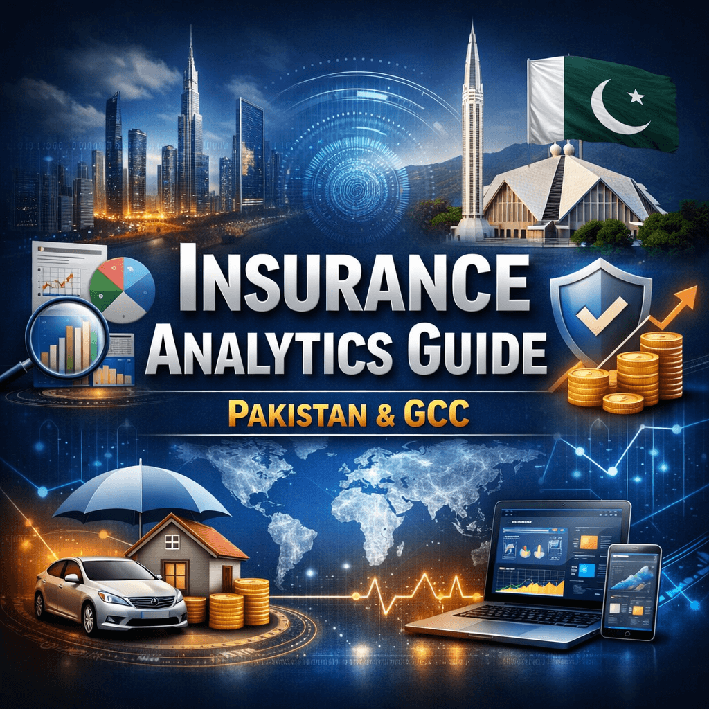 Professional infographic for insurance analytics guide, highlighting Pakistan and GCC regions with charts, cityscapes, and digital data visuals.