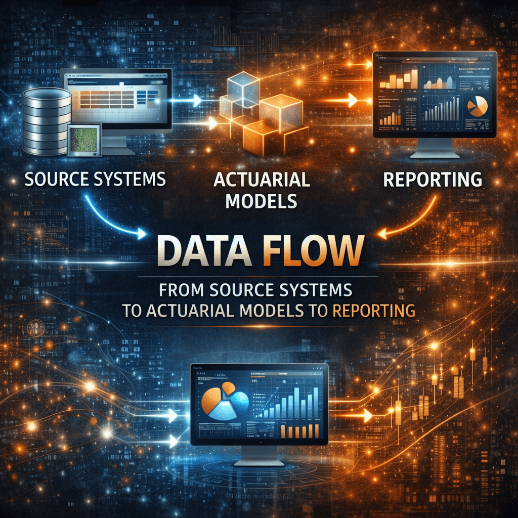 Flowchart infographic illustrating IFRS 17 implementation challenges across data flow from source systems through actuarial models to financial reporting.