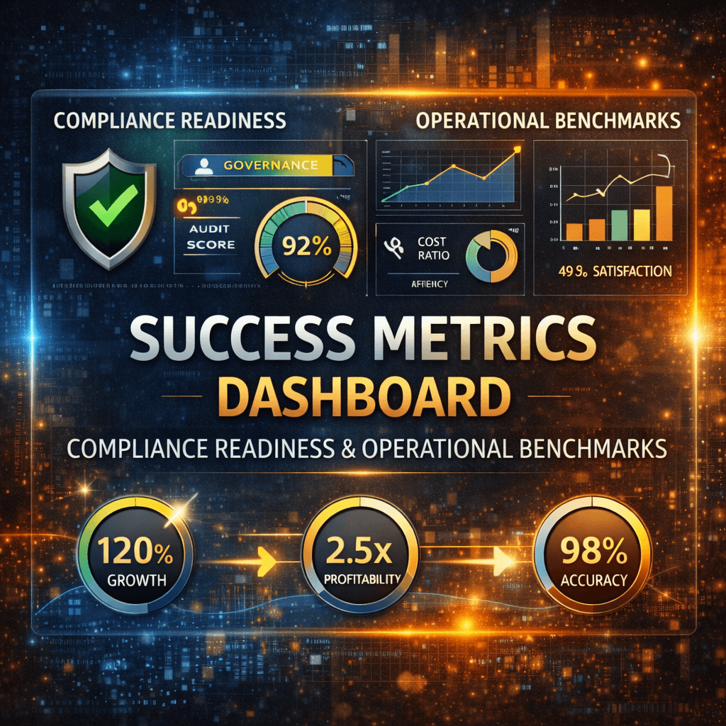 Success metrics dashboard infographic highlighting IFRS 17 implementation challenges through compliance readiness indicators and operational benchmarks.