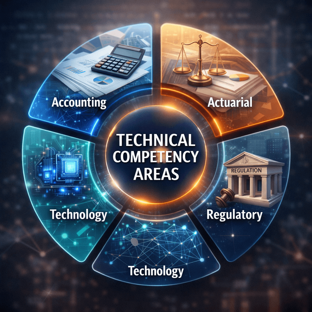 Circular infographic illustrating technical competency areas required by IFRS 17 consulting firms, including Accounting, Actuarial, Technology, and Regulatory expertise.