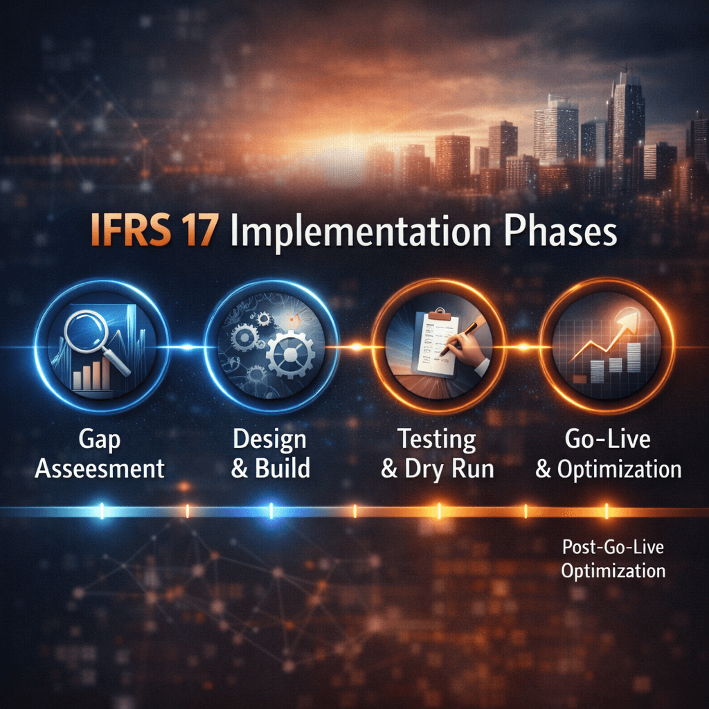 Timeline infographic showing IFRS 17 implementation phases from gap assessment and design to testing, go-live, and optimization, representing processes handled by IFRS 17 consulting firms.