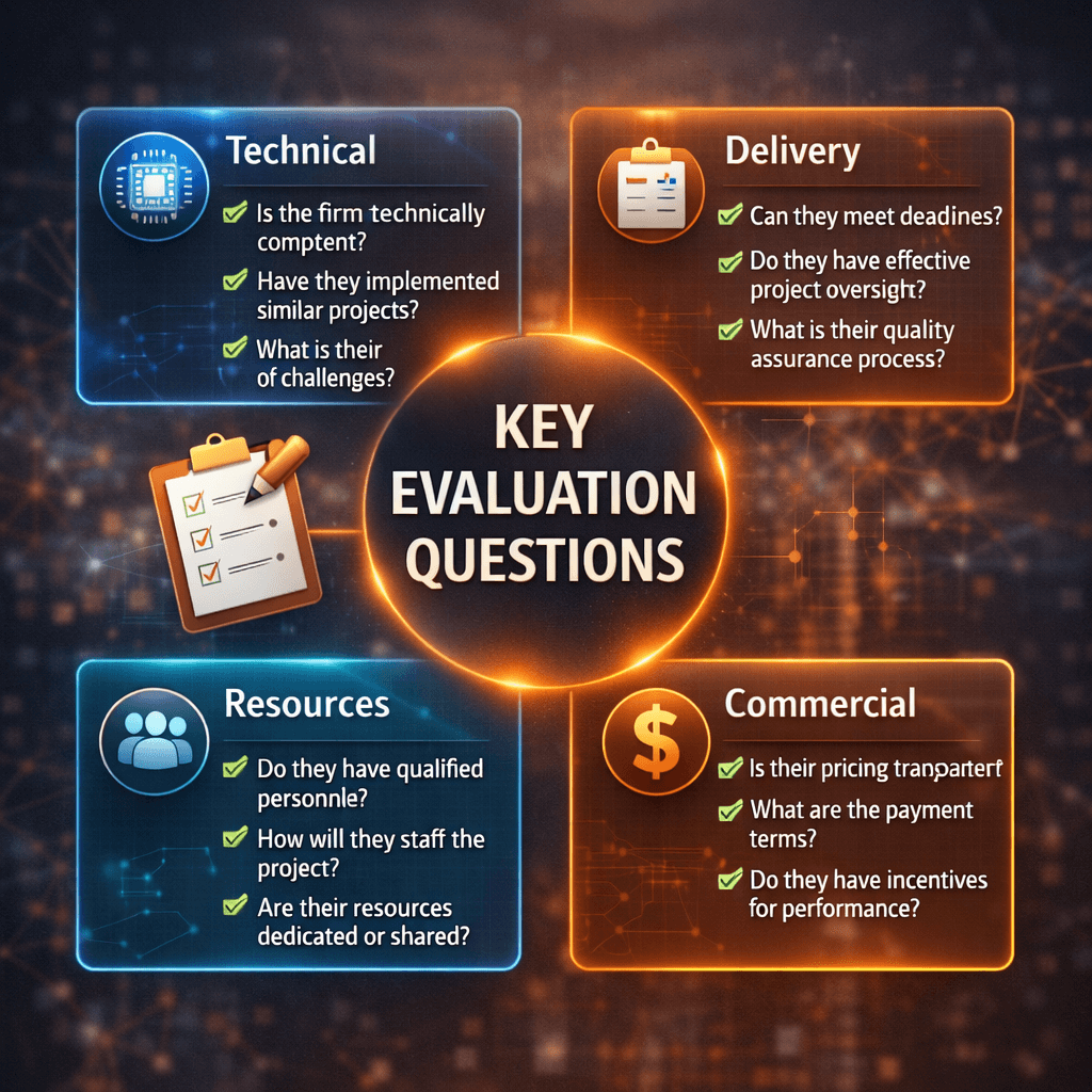 Checklist infographic presenting key evaluation questions for selecting IFRS 17 consulting firms, categorized into Technical, Delivery, Resources, and Commercial considerations.