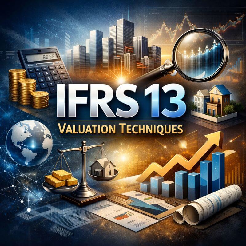 IFRS 13 valuation techniques visual showing fair value measurement concepts with financial charts, assets, and valuation symbols