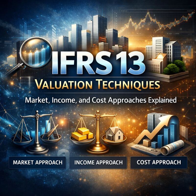 FRS 13 valuation techniques infographic highlighting fair value analysis using market data, pricing tools, and global indicators