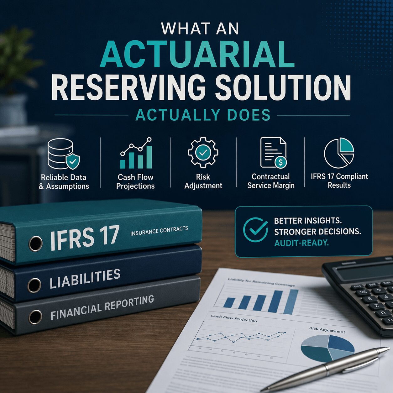 Professional roadmap infographic for implementing an actuarial reserving solution, displaying five phases: assessment, planning, model build, testing, and go-live with IFRS 17 implementation documents and analytics.