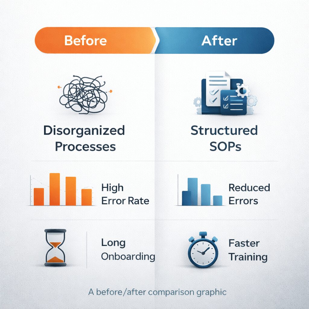 Before and after infographic highlighting benefits of SOP consulting with disorganized processes vs structured SOPs, reduced errors, and faster onboarding