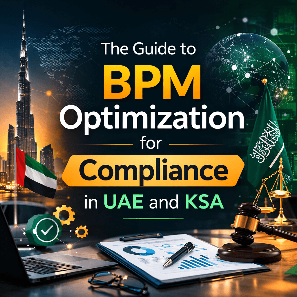 Infographic showing BPM optimization for compliance in UAE and KSA, highlighting business process improvements and regulatory governance.