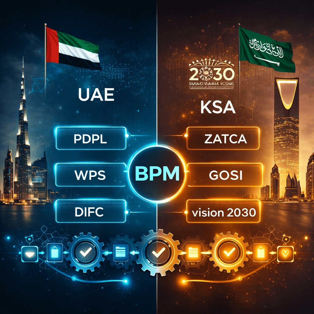 Split-screen infographic comparing UAE and KSA compliance frameworks connected through BPM optimization and process automation workflows.