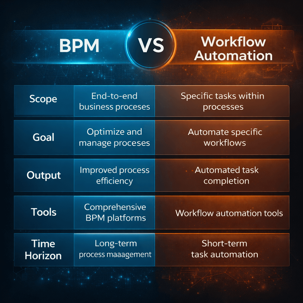 Comparison infographic explaining BPM vs workflow automation across scope, goals, outputs, tools, and time horizon in BPM optimization strategies.