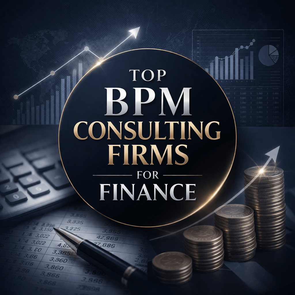 Top bpm consulting firms for finance shown in a premium infographic with central title, financial icons, charts, and global business visuals