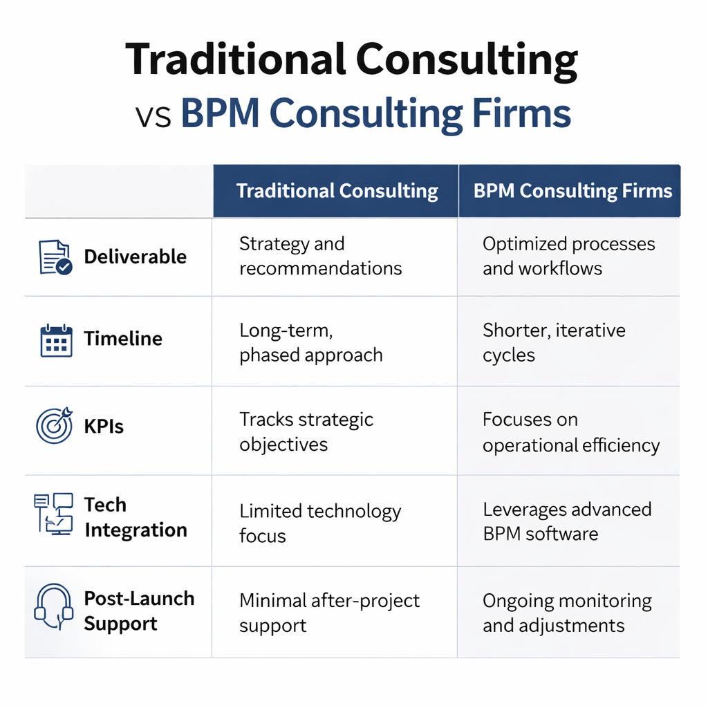 Side by side comparison of traditional consulting vs bpm consulting firms across deliverables, timelines, KPIs, tech integration, and support