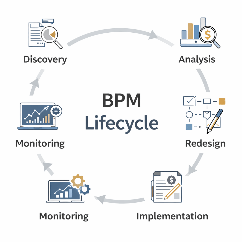 BPM lifecycle infographic showing discovery, analysis, redesign, implementation, and monitoring used by bpm consulting firms