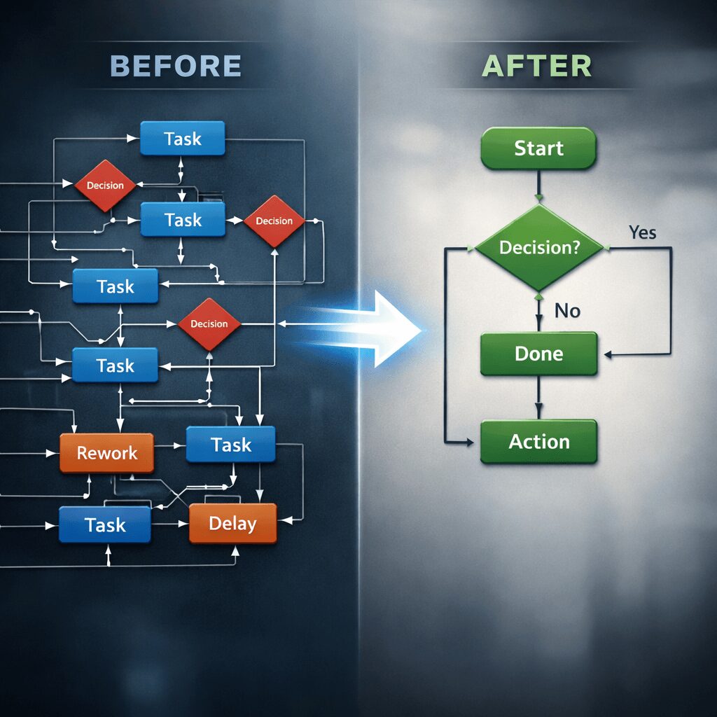 Flowchart infographic illustrating benefits of SOP consulting with complex workflows simplified into streamlined processes and clear decision points