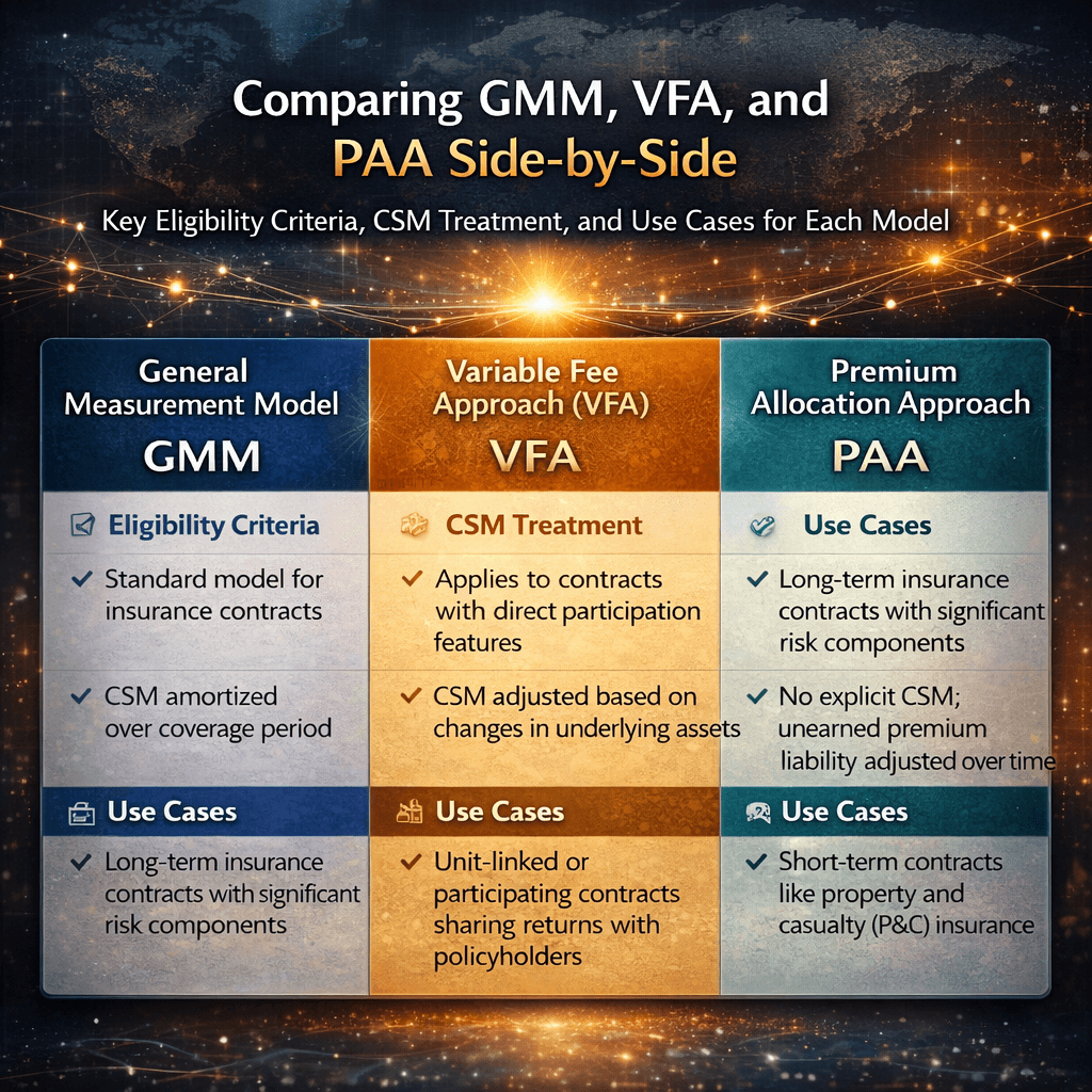 Infographic comparing GMM, VFA, and PAA models used in an actuarial reserving solution, highlighting eligibility criteria, CSM treatment, and insurance use cases.