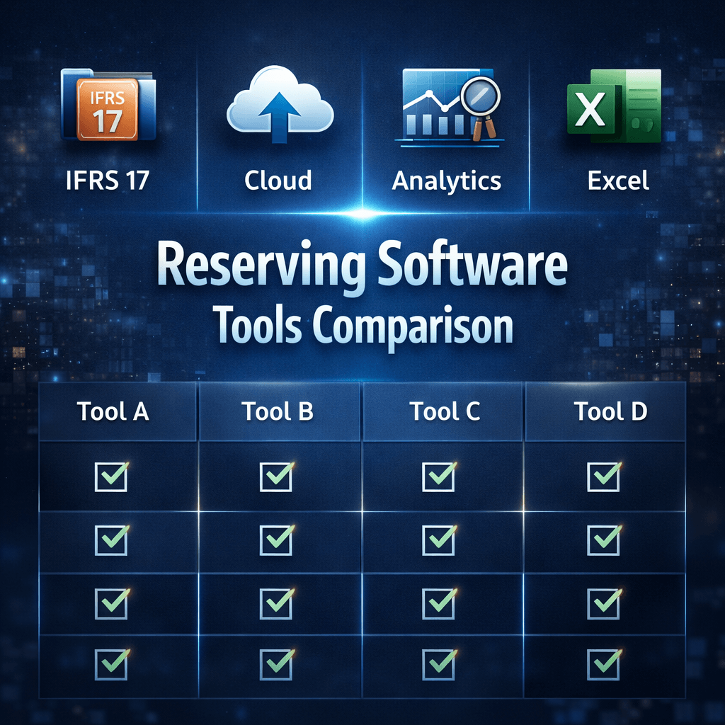Visual comparison chart highlighting features of insurance reserving software, including IFRS 17 support, cloud capability, analytics tools, and Excel integration.