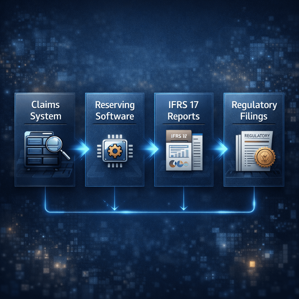 Flowchart showing data flow between claims systems, insurance reserving software, IFRS 17 reporting, and regulatory filings.