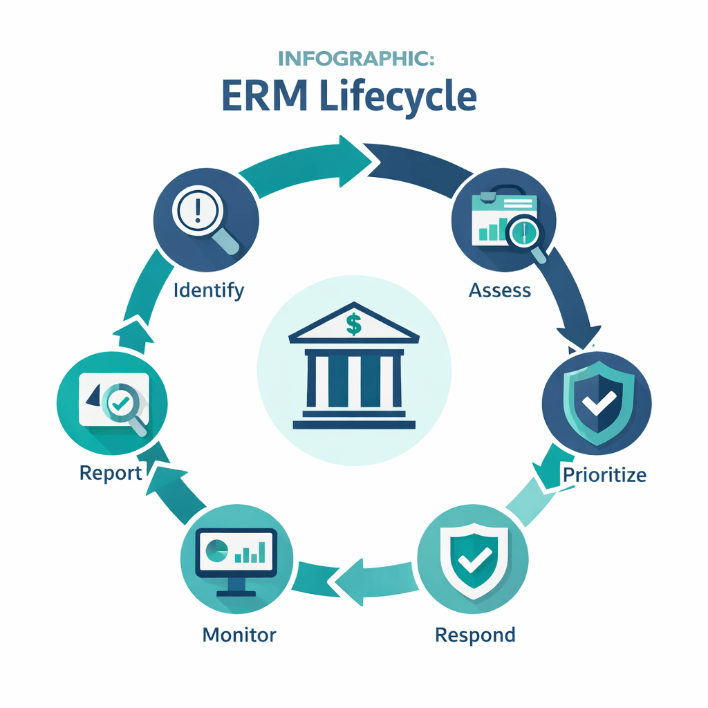Enterprise risk management consulting lifecycle infographic with six circular stages: Identify, Assess, Prioritize, Respond, Monitor, and Report for financial firms.