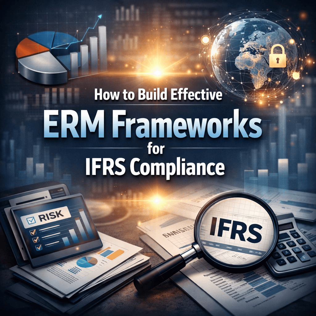 Professional infographic illustrating how to build effective erm frameworks for IFRS compliance, featuring financial analytics charts, risk management dashboards, and IFRS reporting elements.