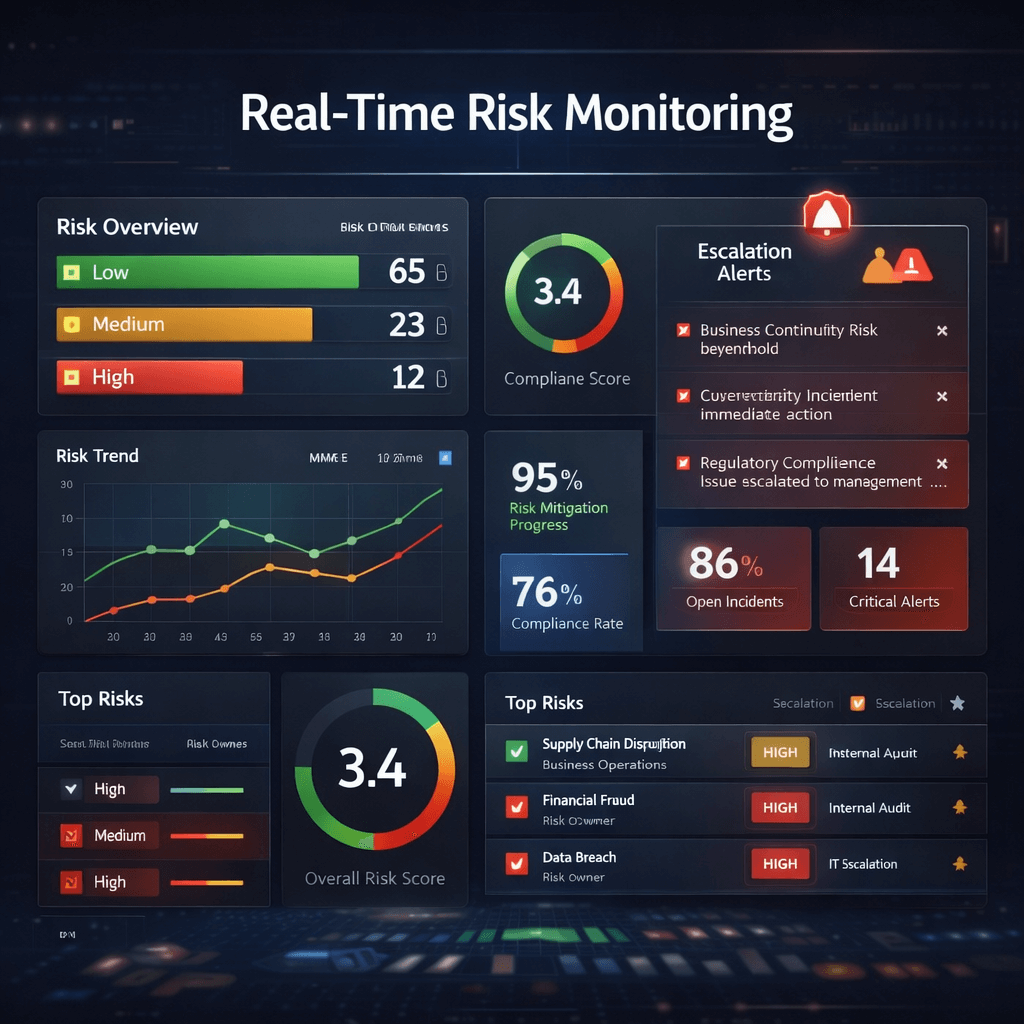 Enterprise dashboard mockup demonstrating real-time risk monitoring within erm frameworks, showing color-coded risk categories, KPI tiles, escalation alerts, and compliance indicators.