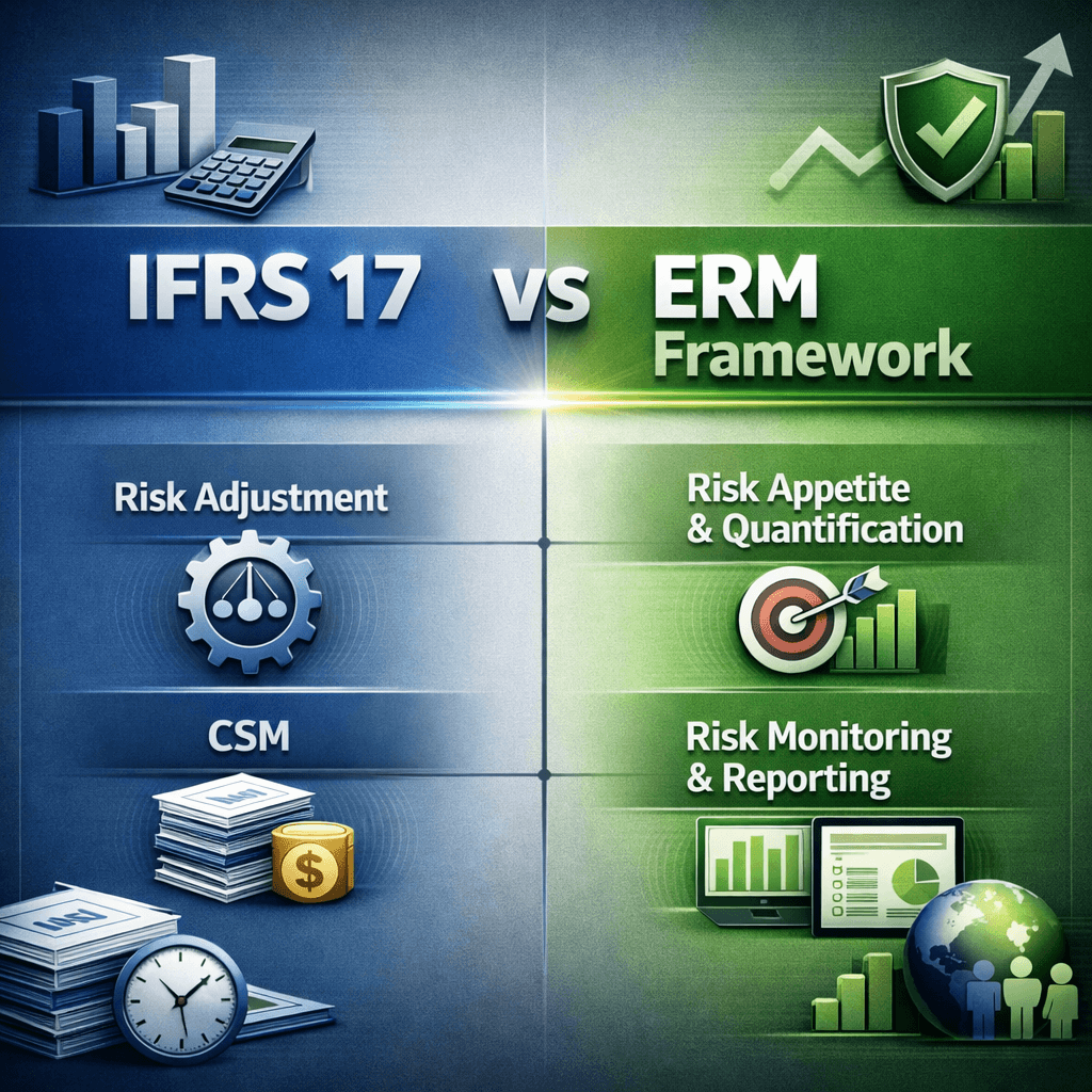 Professional infographic showing a two-column comparison between IFRS 17 requirements and ERM frameworks. The left side highlights IFRS 17 elements such as Risk Adjustment and CSM, while the right side connects them to ERM frameworks components like Risk Appetite & Quantification and Risk Monitoring & Reporting in a clean, corporate visual layout.