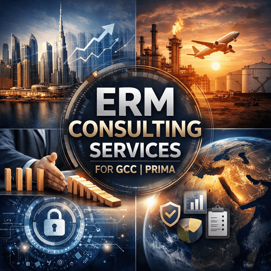Professional infographic for ERM consulting services showing four interconnected pillars: Integrated Frameworks, Data Governance, Technology Integration, and Scalability, designed in a GCC-inspired navy, gold, and white color palette.