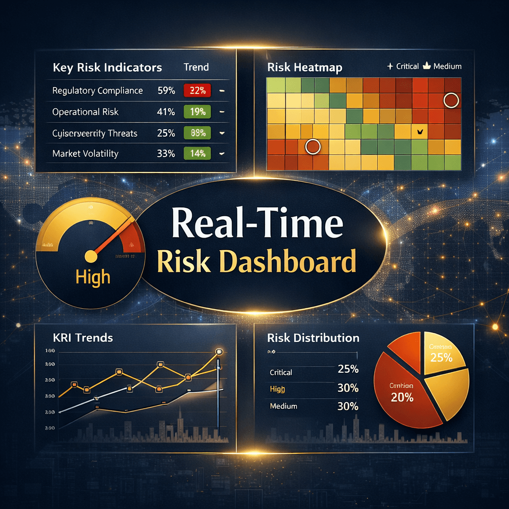 Real-time risk dashboard visualization with heatmaps, KRI indicators, and analytics charts demonstrating how erm consulting services support proactive risk monitoring and decision-making.