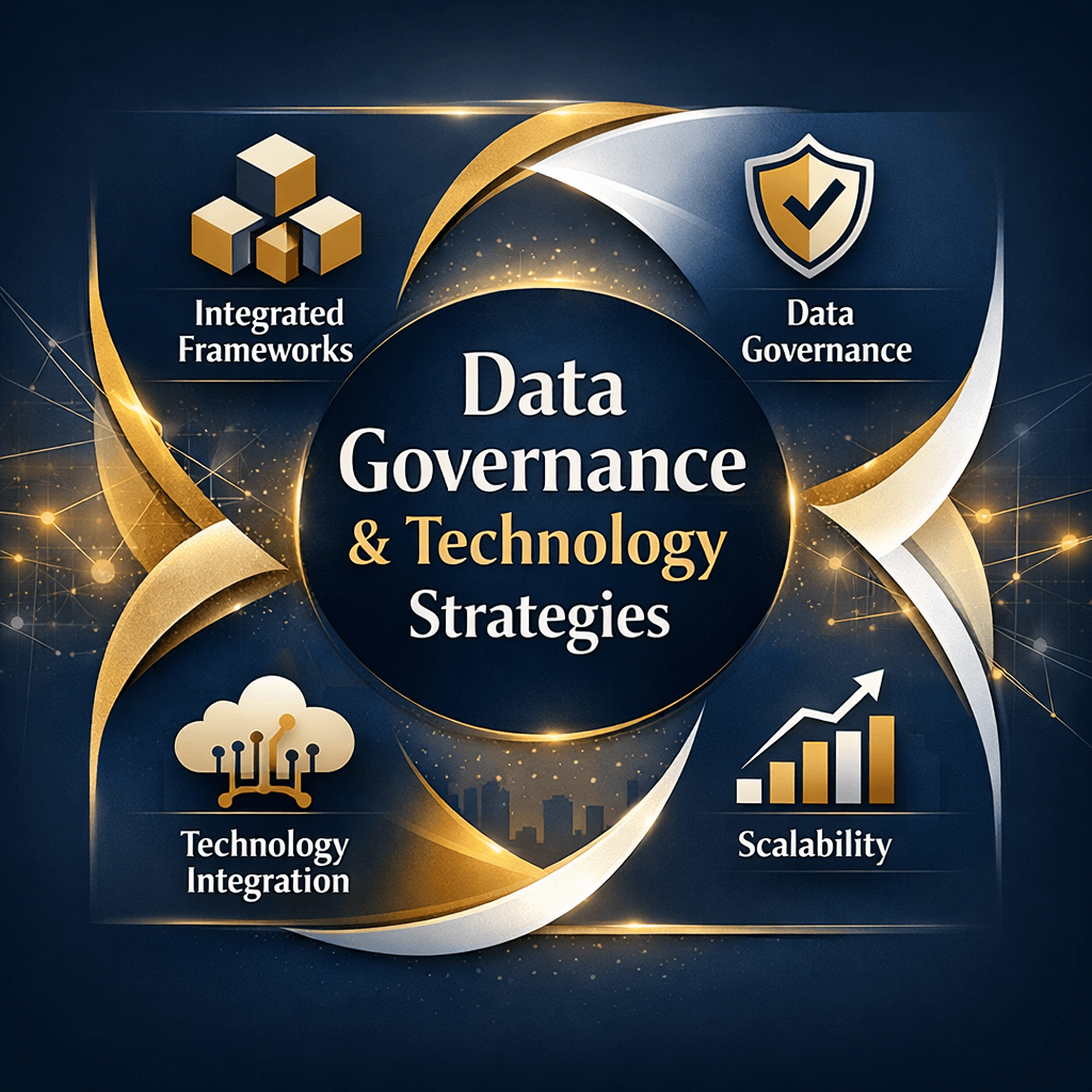 Enterprise architecture infographic illustrating four pillars—integrated frameworks, data governance, technology integration, and scalability—highlighting the strategic value of erm consulting services in modern organizations.