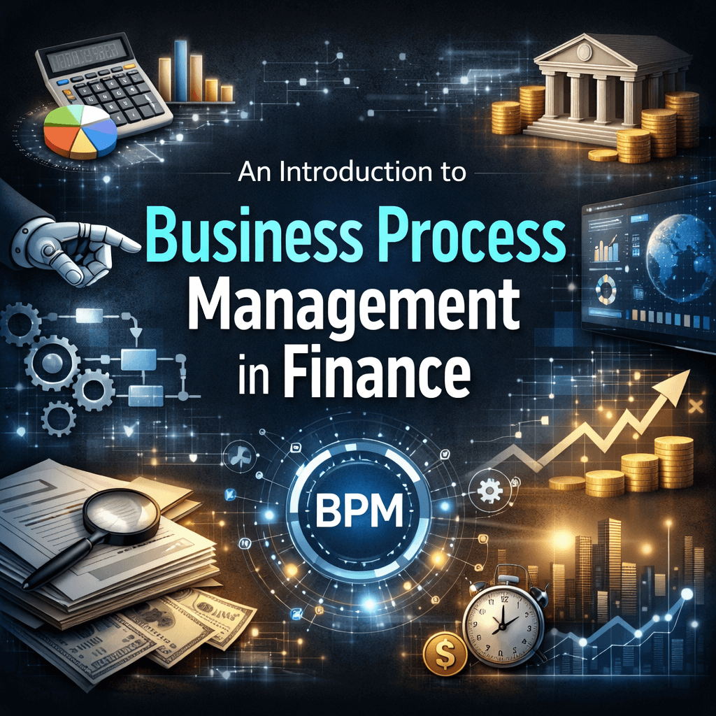 Infographic explaining finance workflow optimization through business process management consulting, featuring analytics dashboards, financial process diagrams, and performance metrics.